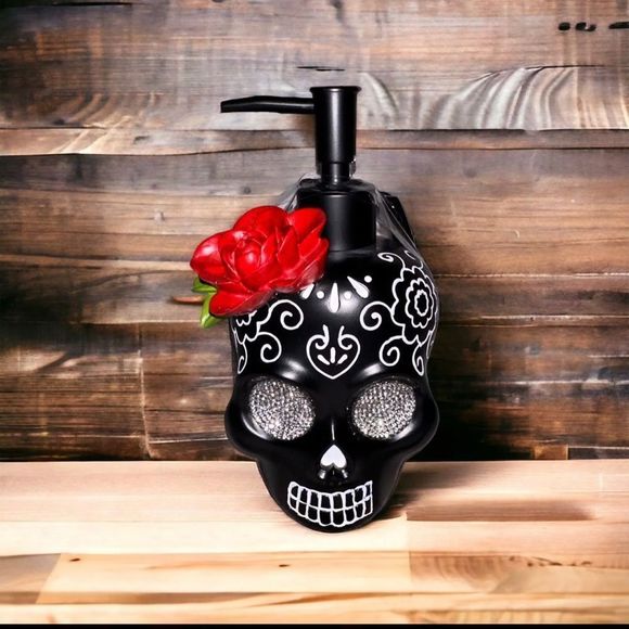 Skull Handsoap Dispenser Soap‎ Goth Rose Black Rhinestones Refillable New - Picture 1 of 10